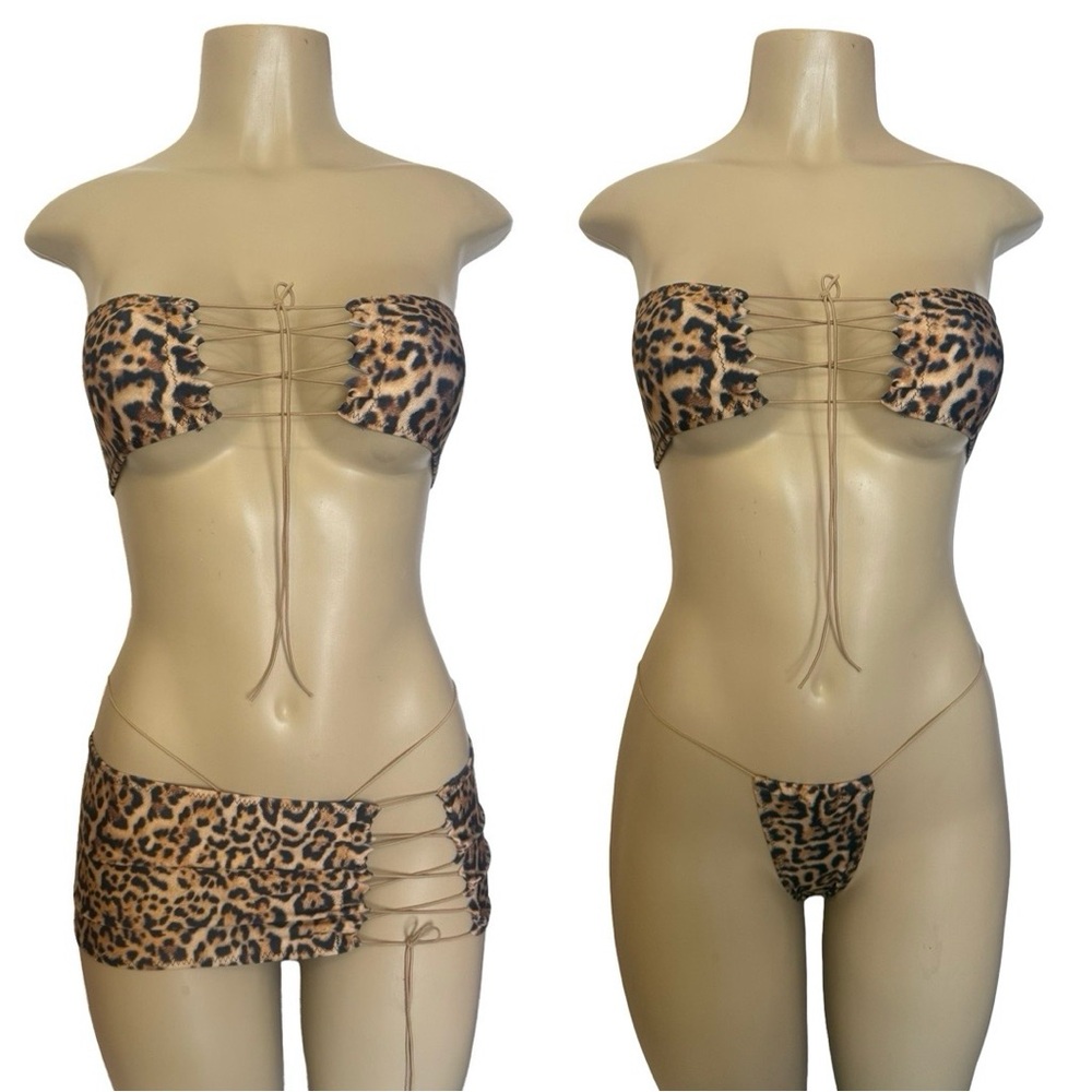 Leopard Print Lace-Up Bandeau Bikini Set with Mini Skirt